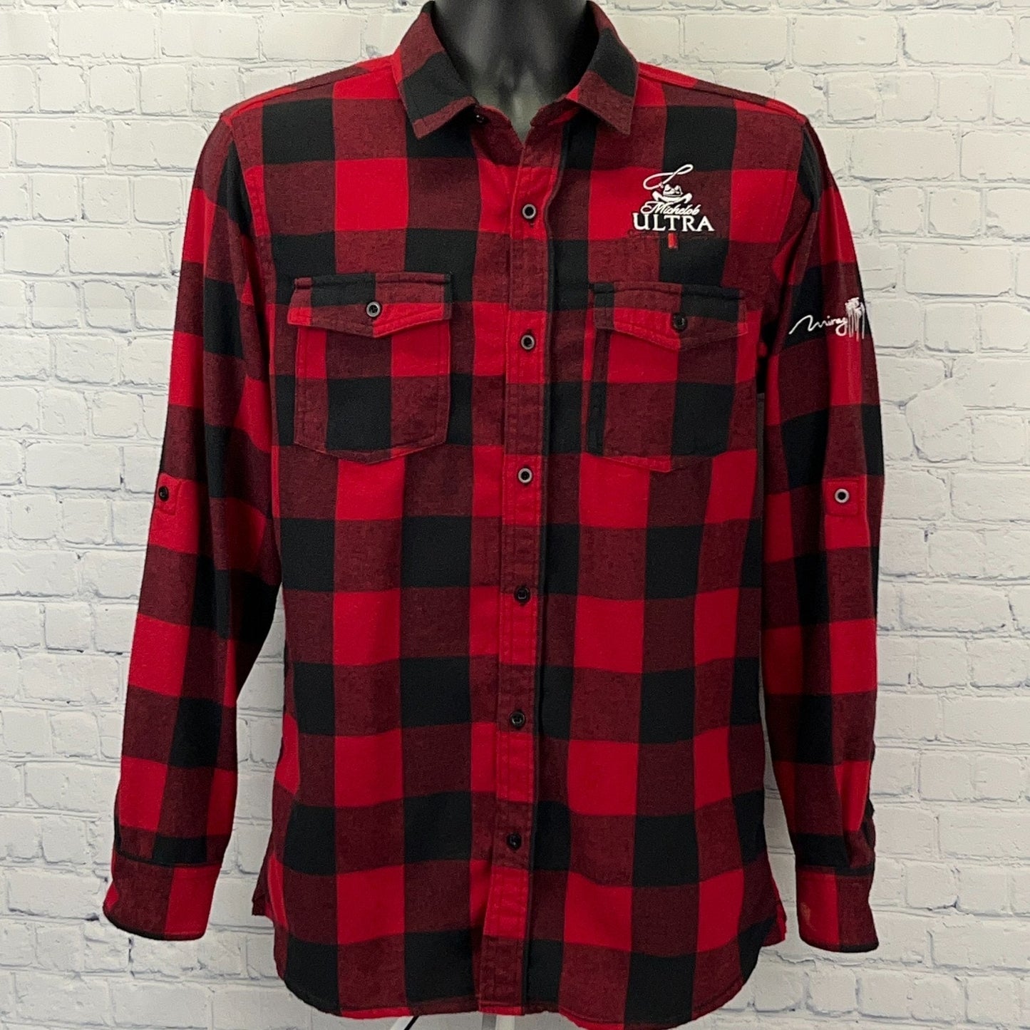 Michelob Ultra Mirage Casino Flannel Button Front Shirt Red Cowboy Mens M Medium