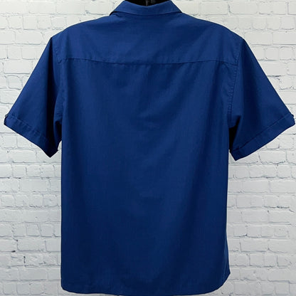 Cafe Luna Button Front Shirt Mens L Large Blue Striped Short Sleeve Polyester