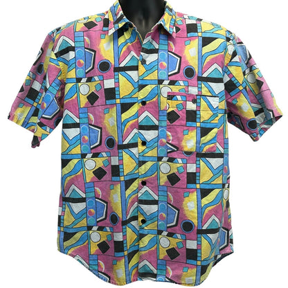 Vintage 90s Geometric Button Front Shirt Medium Skater Surfer Surfing Mens Pink