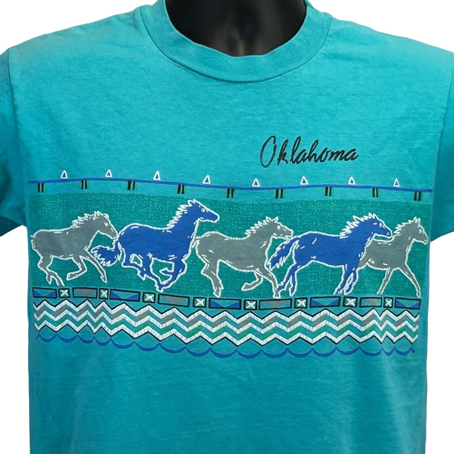 Oklahoma T Shirt Small Vintage 80s Horses Cowboy Double Sided USA Made Mens Blue