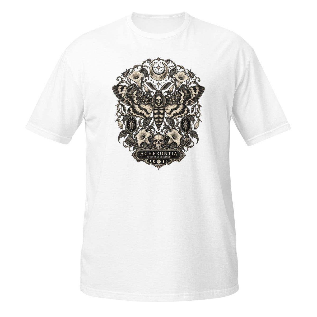 White T-shirt featuring a detailed Deaths Head Moth graphic design on the front.