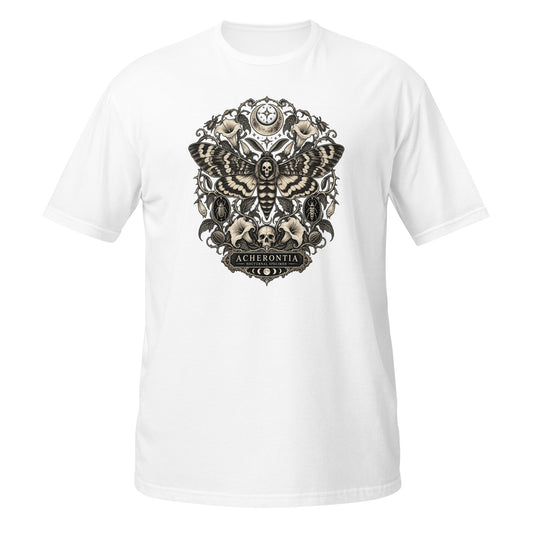 White T-shirt featuring a detailed Deaths Head Moth graphic design on the front.