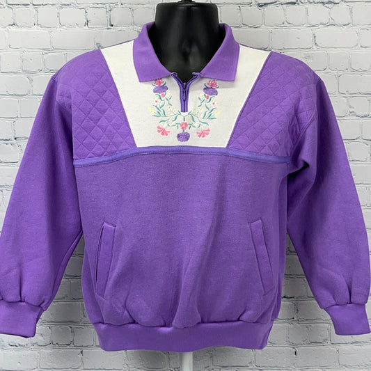 Vintage Purple Sweatshirt with Floral Embroidery, Size Large, Front View