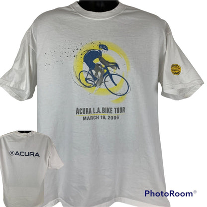 White Vintage T-Shirt featuring Los Angeles Bike Tour graphic on front and Acura logo on back