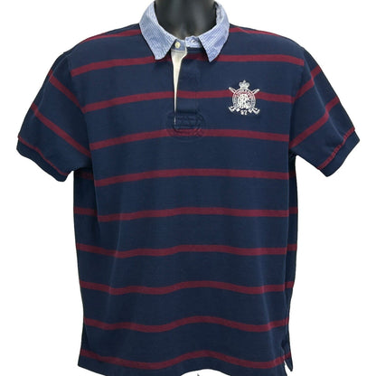 Polo Ralph Lauren Striped Rugby Shirt Large PRL Saddle Maker Crest Mens Blue Red