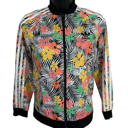 Adidas floral print jacket in black, featuring a front view and vibrant colors with logo details