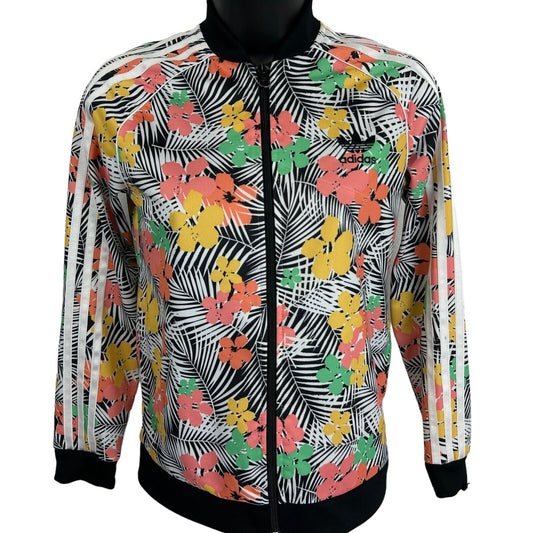 Adidas floral print jacket in black, featuring a front view and vibrant colors with logo details