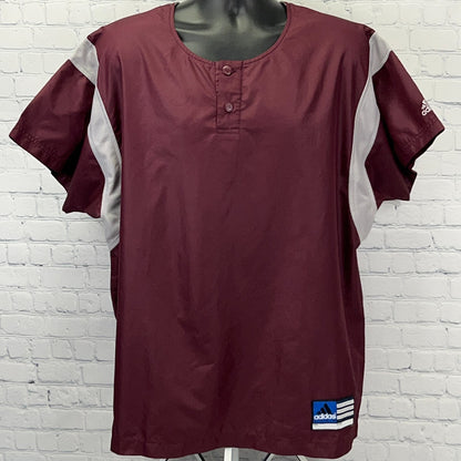 Adidas maroon short-sleeve shirt with gray accents and logo, front view, size large