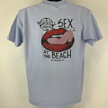 Camiseta vintage de los años 90 con texto "Sexo en la playa" de Worrell Bros, de Virginia, para hombre, color azul