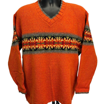 Eddie Bauer Vintage 90s Wool Blend Sweater Large V Neck Made In USA Mens Orange