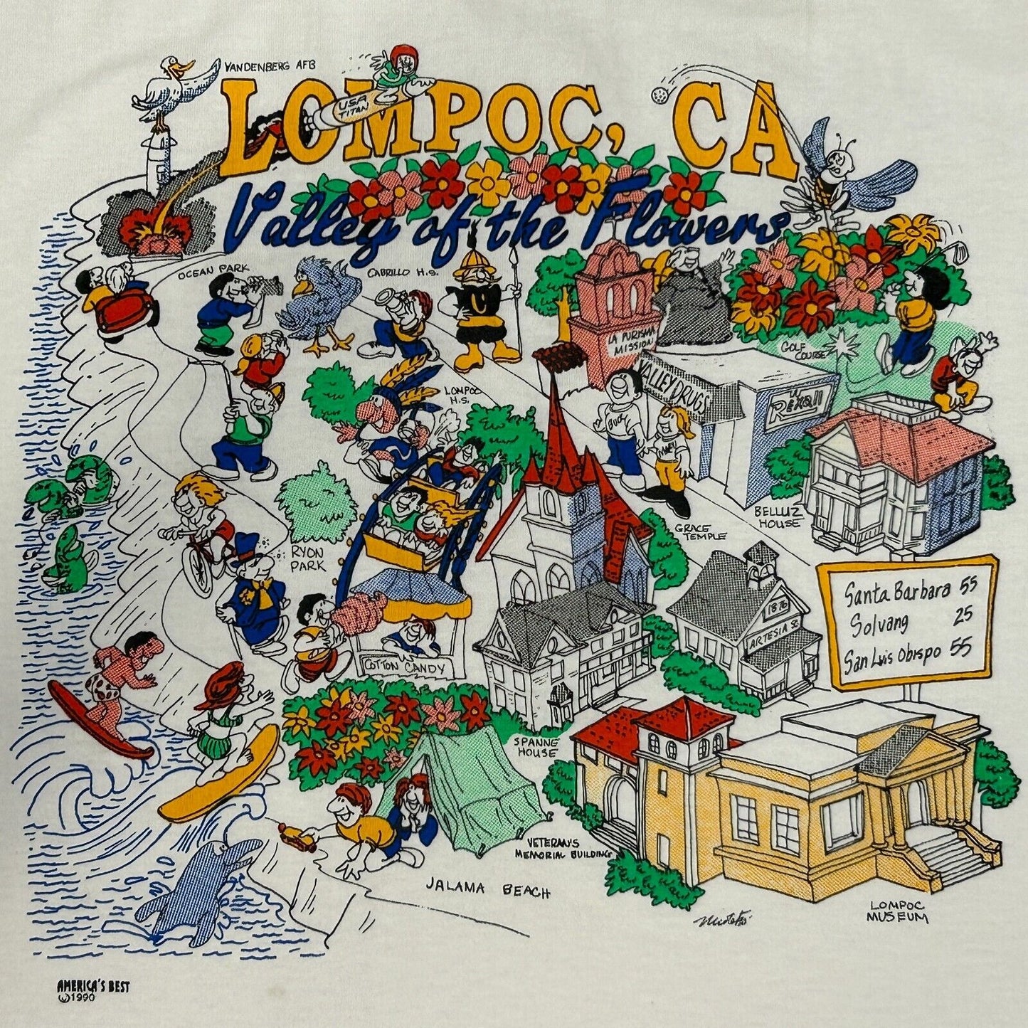 Camiseta vintage con mapa de Lompoc, California, talla mediana, años 90, Valley of Flowers, para hombre, color blanco