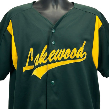 Camiseta de béisbol vintage Lakewood 7, grande, años 90, con botones en el frente, bordada, para hombre, verde