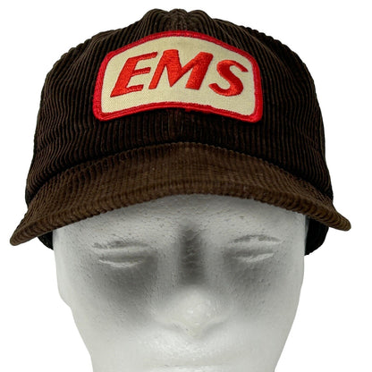 EMS Patch Corduroy Snapback Trucker Hat Vintage 80s Brown USA Made Baseball Cap