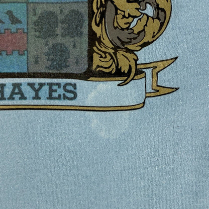 Camiseta vintage de los años 80 con escudo de la familia Hayes, apellido, escudo de armas grande, para hombre, color azul