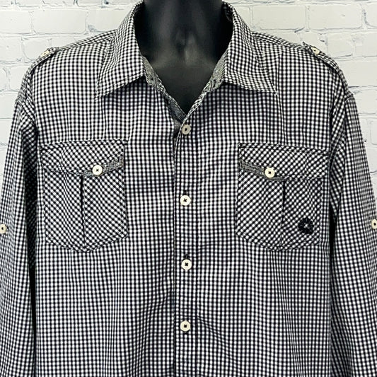 Akademiks Shirt in black and white checkered pattern with two front pockets and logo detail