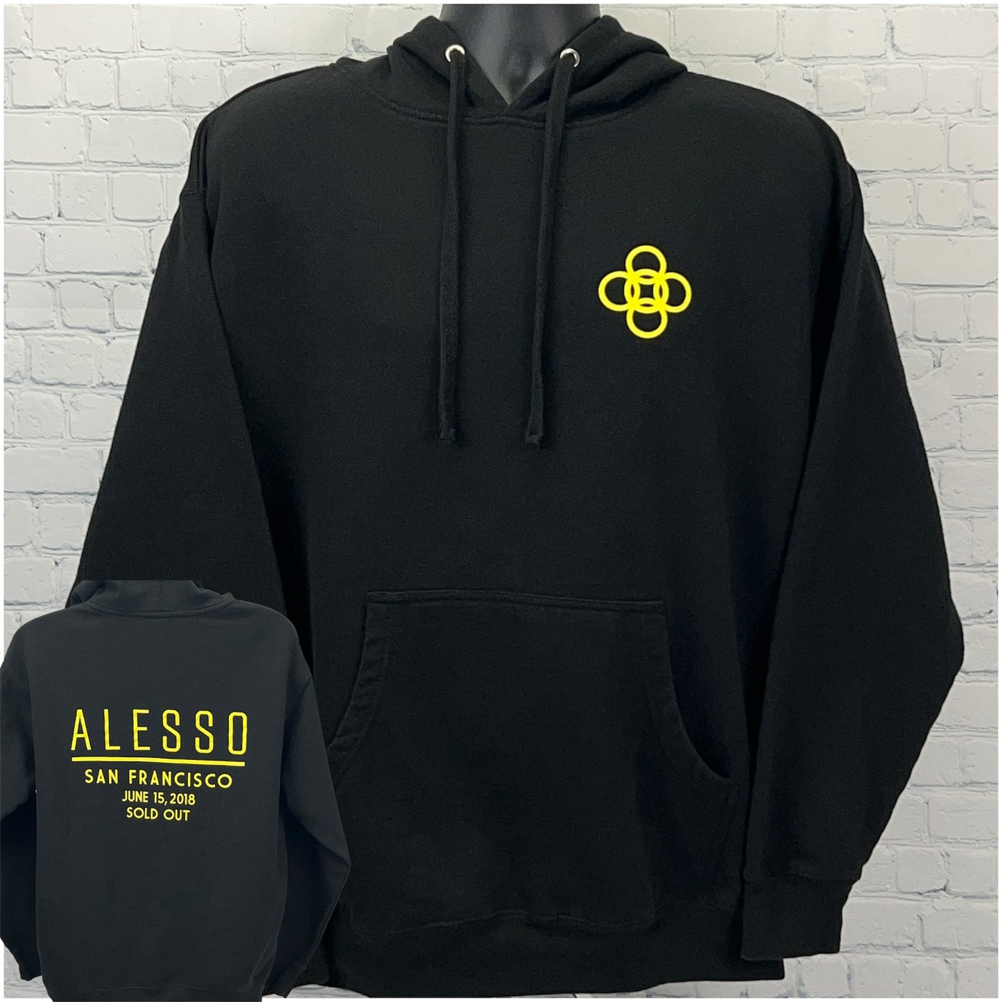 Black Alesso Hoodie with Front Logo and Chest Print from San Francisco 2018, Size Large