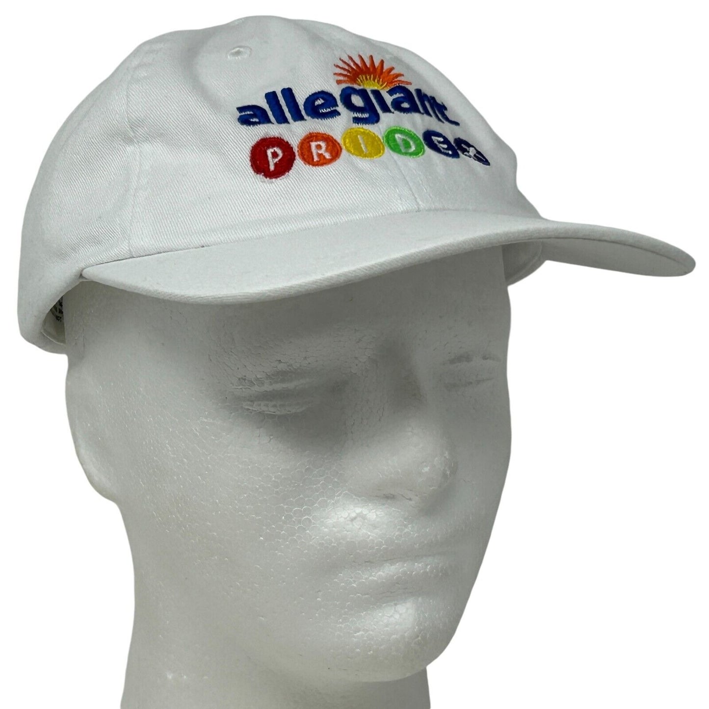 White Allegiant Air Gay Pride Hat featuring colorful logo on front for LGBTQ+ support