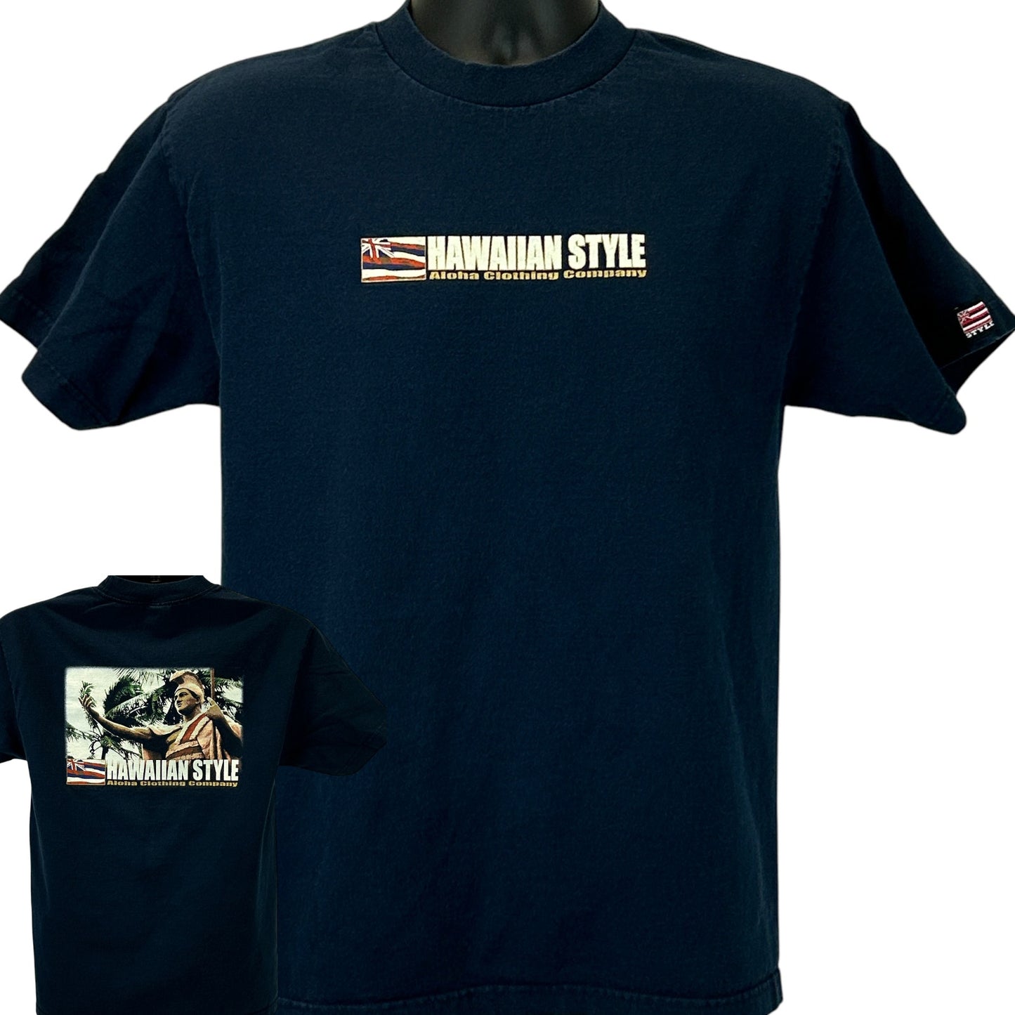 Navy Hawaiian Style T-Shirt with front logo and detailed back print, featuring Aloha Clothing Company branding