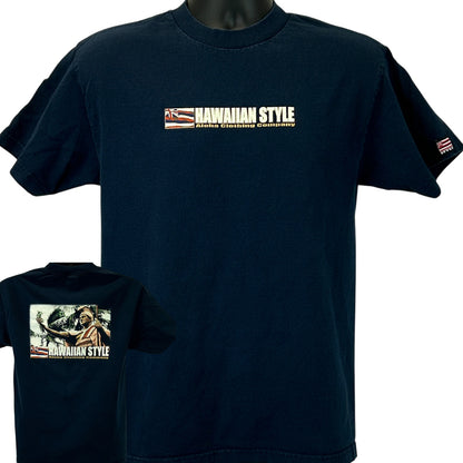 Navy Hawaiian Style T-Shirt with front logo and detailed back print, featuring Aloha Clothing Company branding