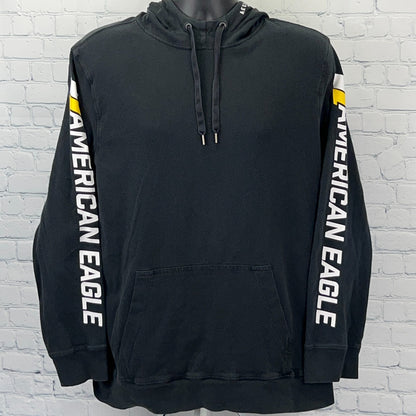 Front view of black American Eagle hoodie with logo on sleeves and drawstring hood in size large