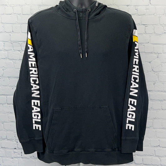 Front view of black American Eagle hoodie with logo on sleeves and drawstring hood in size large