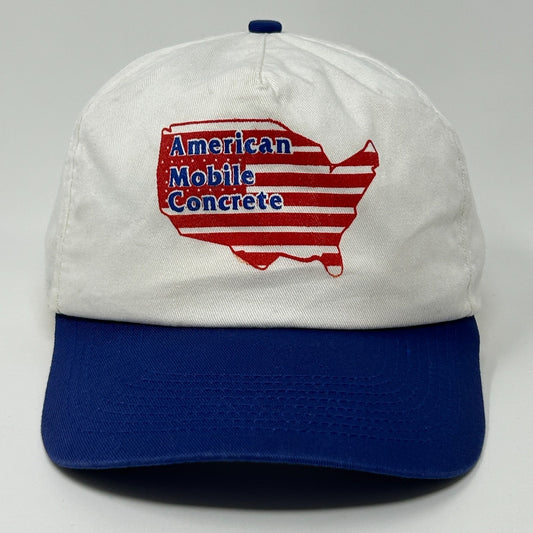 White and blue Vintage Hat featuring American Mobile Concrete logo in red on the front.