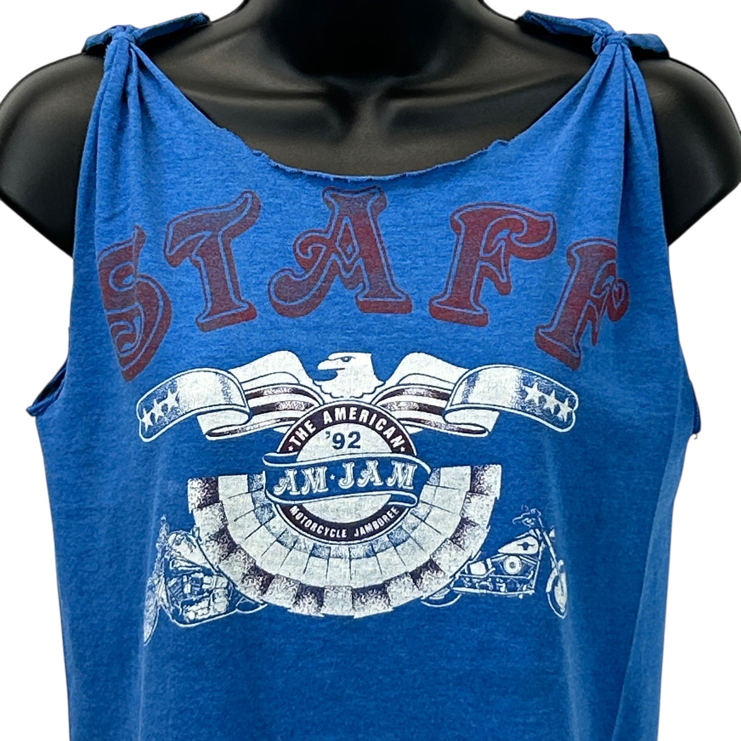 Vintage blue tank top with STAFF logo and motorcycle design, front view