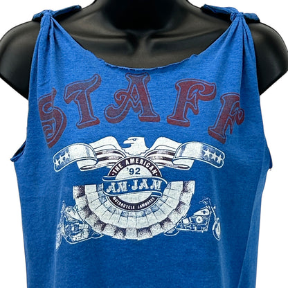 Vintage blue tank top with STAFF logo and motorcycle design, front view