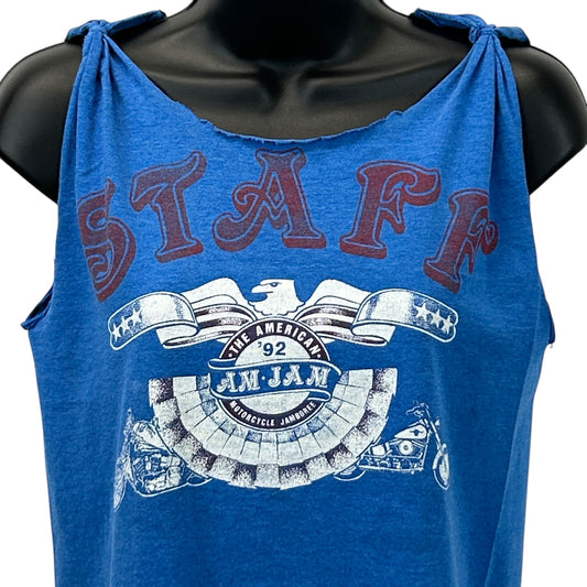 Vintage blue tank top with STAFF logo and motorcycle design, front view