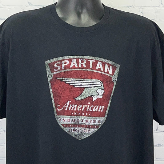 Black Spartan American Industries Graphic T-Shirt with Vintage Logo Design on the Front