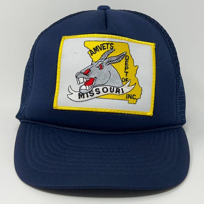 Mohr's AMVETS Missouri vintage navy blue trucker hat with a colorful embroidered emblem