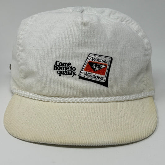 Vintage Hat in white with embroidered logo and slogan on front, featuring a corded brim