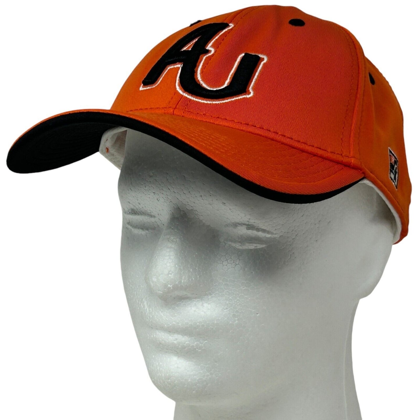 Front view of orange Anderson University hat with black accents and AU logo prominently displayed