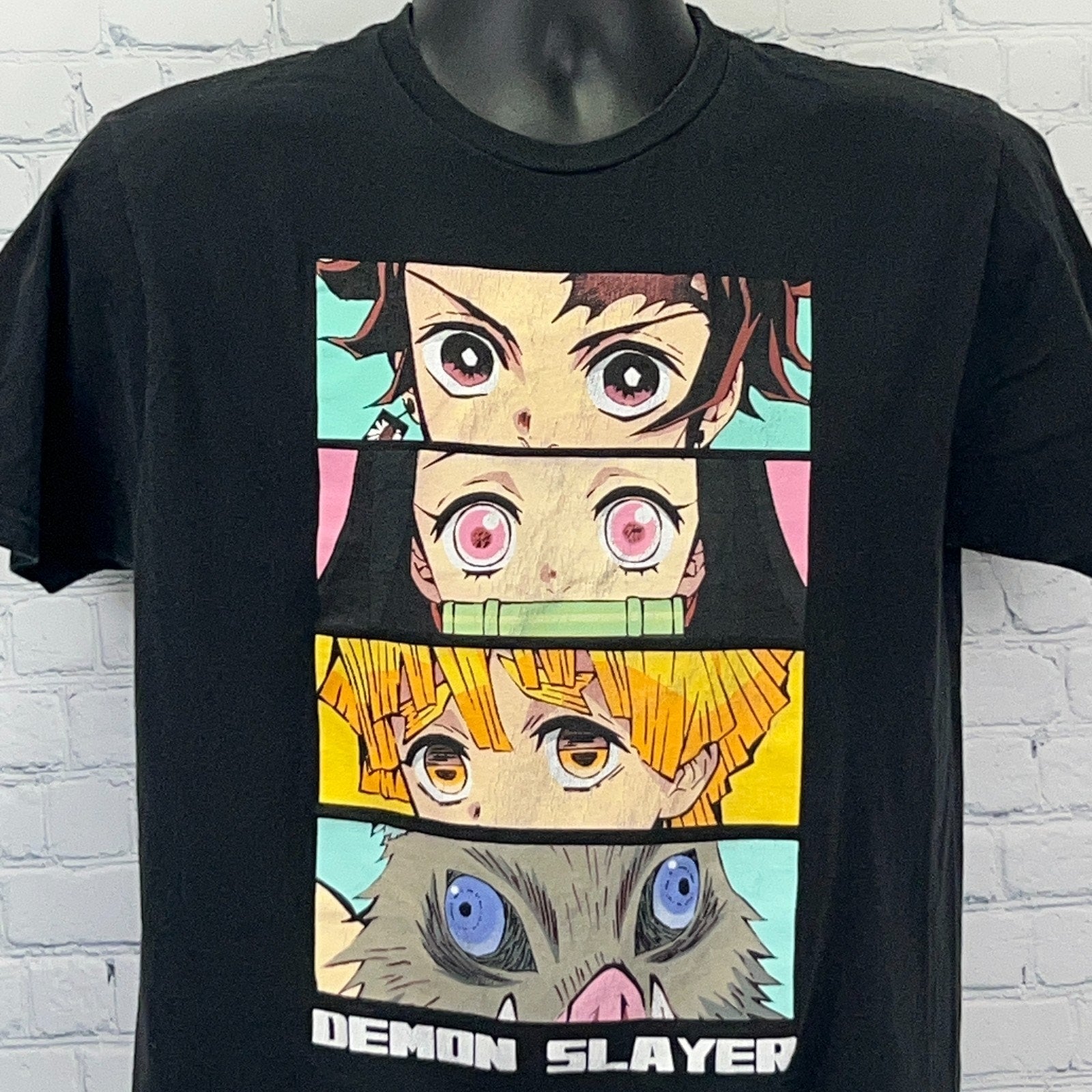 Black Demon Slayer T-shirt featuring colorful character portraits on the front
