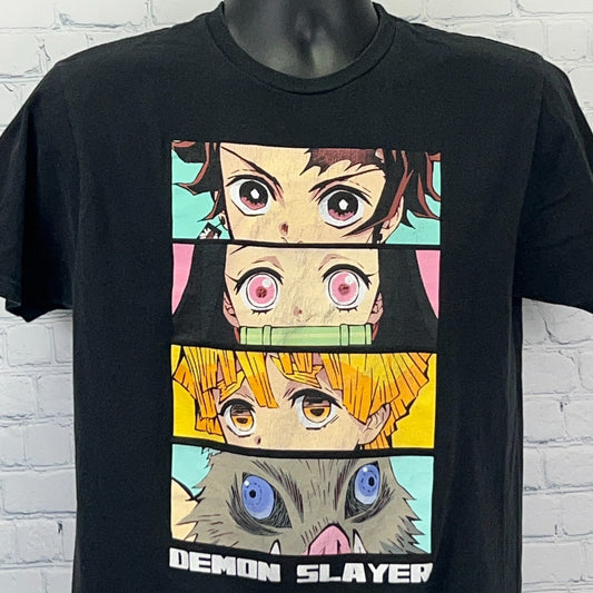 Black Demon Slayer T-shirt featuring colorful character portraits on the front