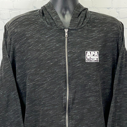 Black zip-up hoodie featuring APA logo, ideal for billiards enthusiasts, front view with detail of fabric