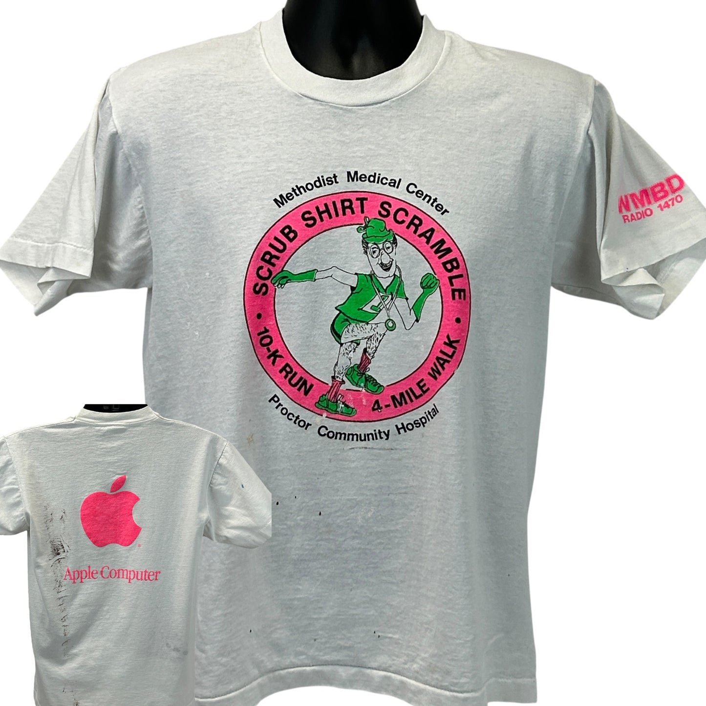 White T-Shirt with Apple Computer logo, front view features green graphics for a charity event