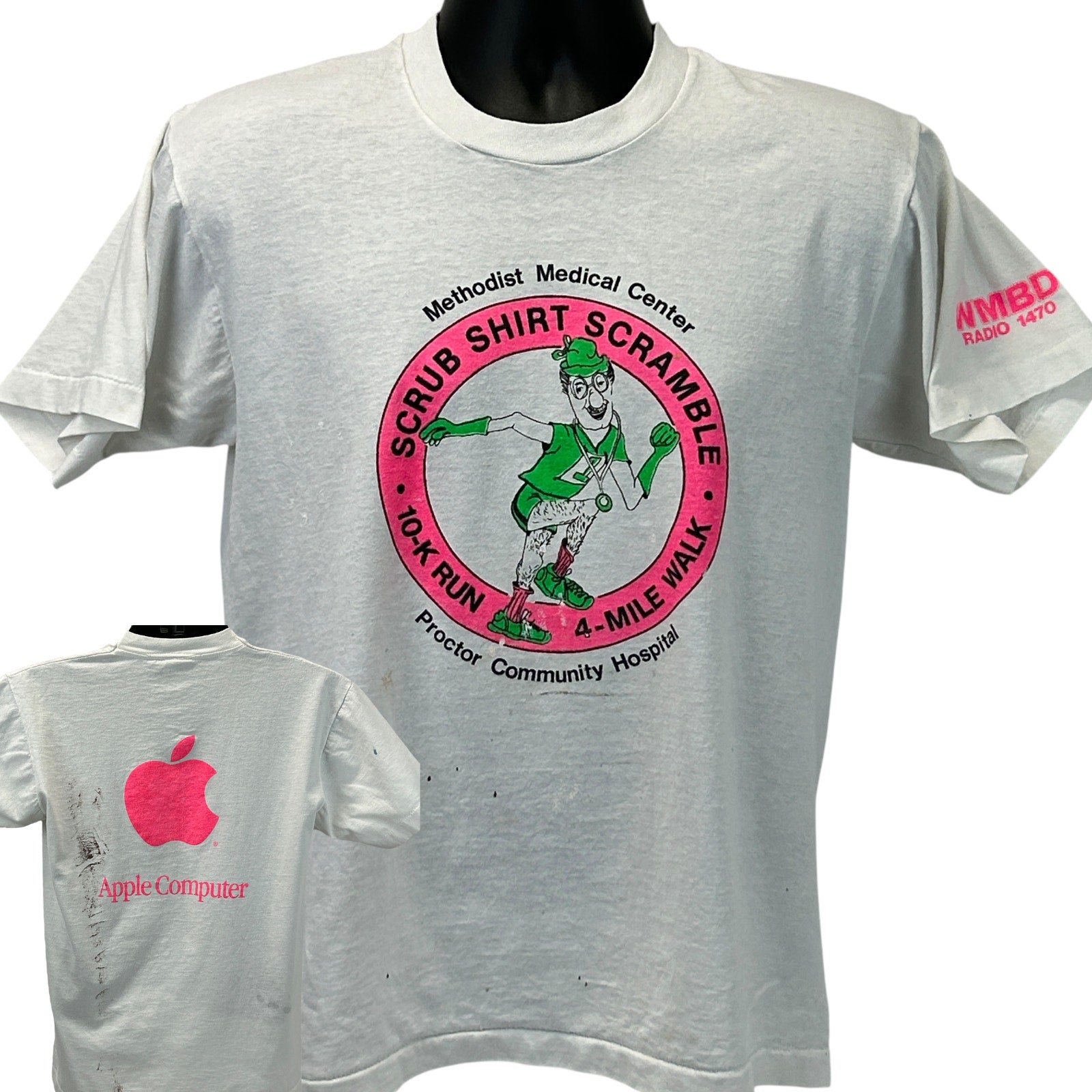 White T-Shirt with Apple Computer logo, front view features green graphics for a charity event