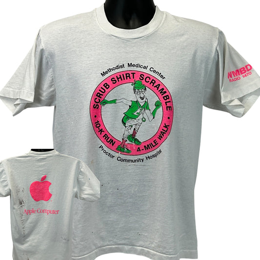 White T-Shirt with Apple Computer logo, front view features green graphics for a charity event