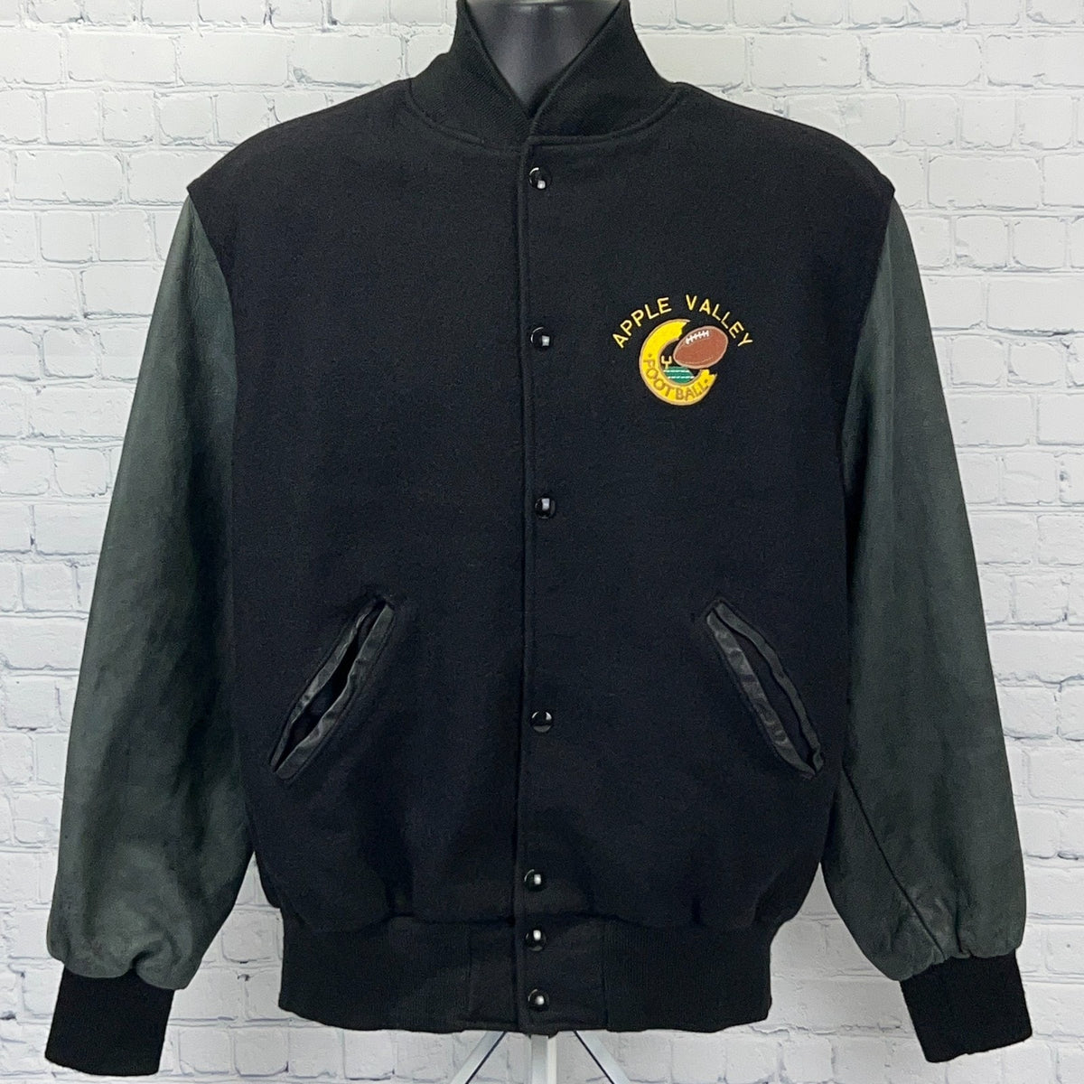 Holloway Apple Valley Football Black Vintage Varsity Jacket with Leather Sleeves and Logo