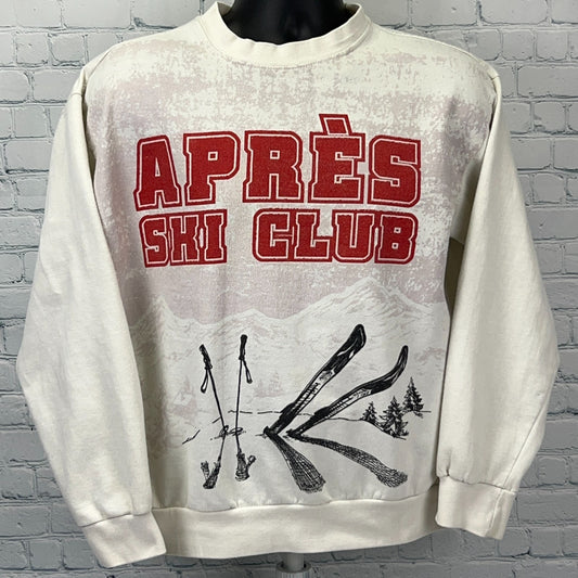 White Chemistry Skiing Sweatshirt with red 'Après Ski Club' graphic and skiing designs on the front