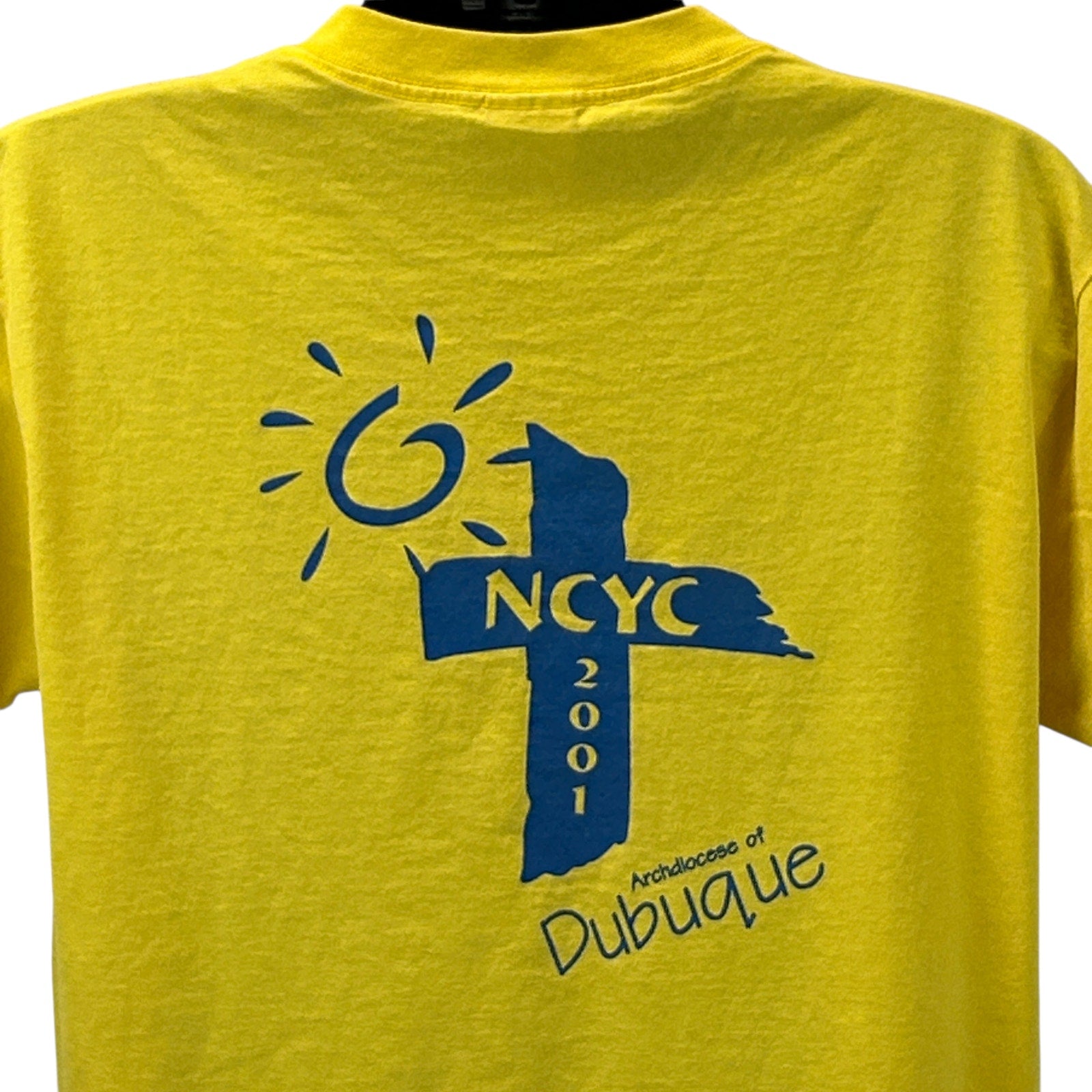Yellow Fruit of the Loom T-Shirt featuring blue cross design and 'Archdiocese of Dubuque' text on back