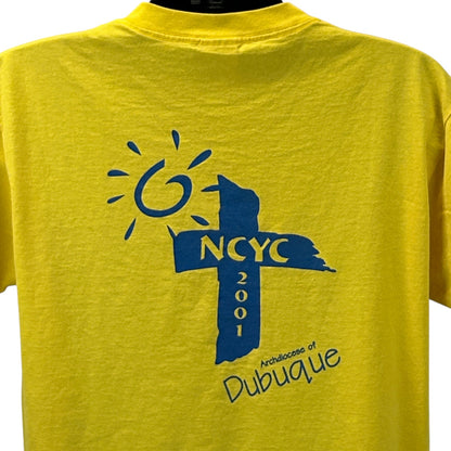 Yellow Fruit of the Loom T-Shirt featuring blue cross design and 'Archdiocese of Dubuque' text on back