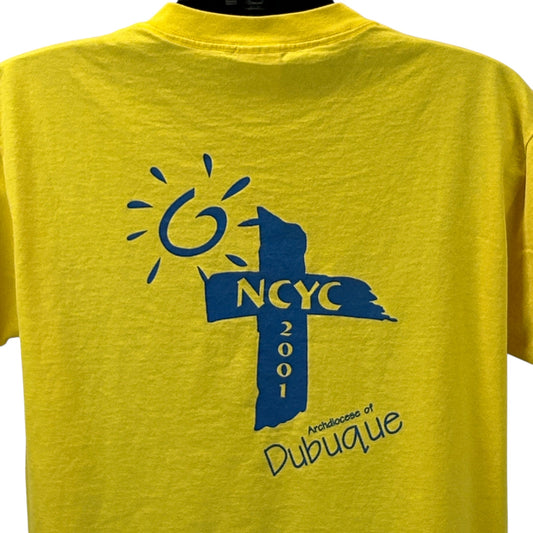 Yellow Fruit of the Loom T-Shirt featuring blue cross design and 'Archdiocese of Dubuque' text on back
