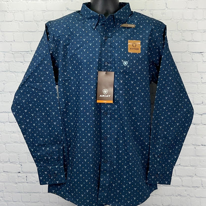 Ariat navy blue fitted long-sleeve shirt with white pattern, front view showing logo tag