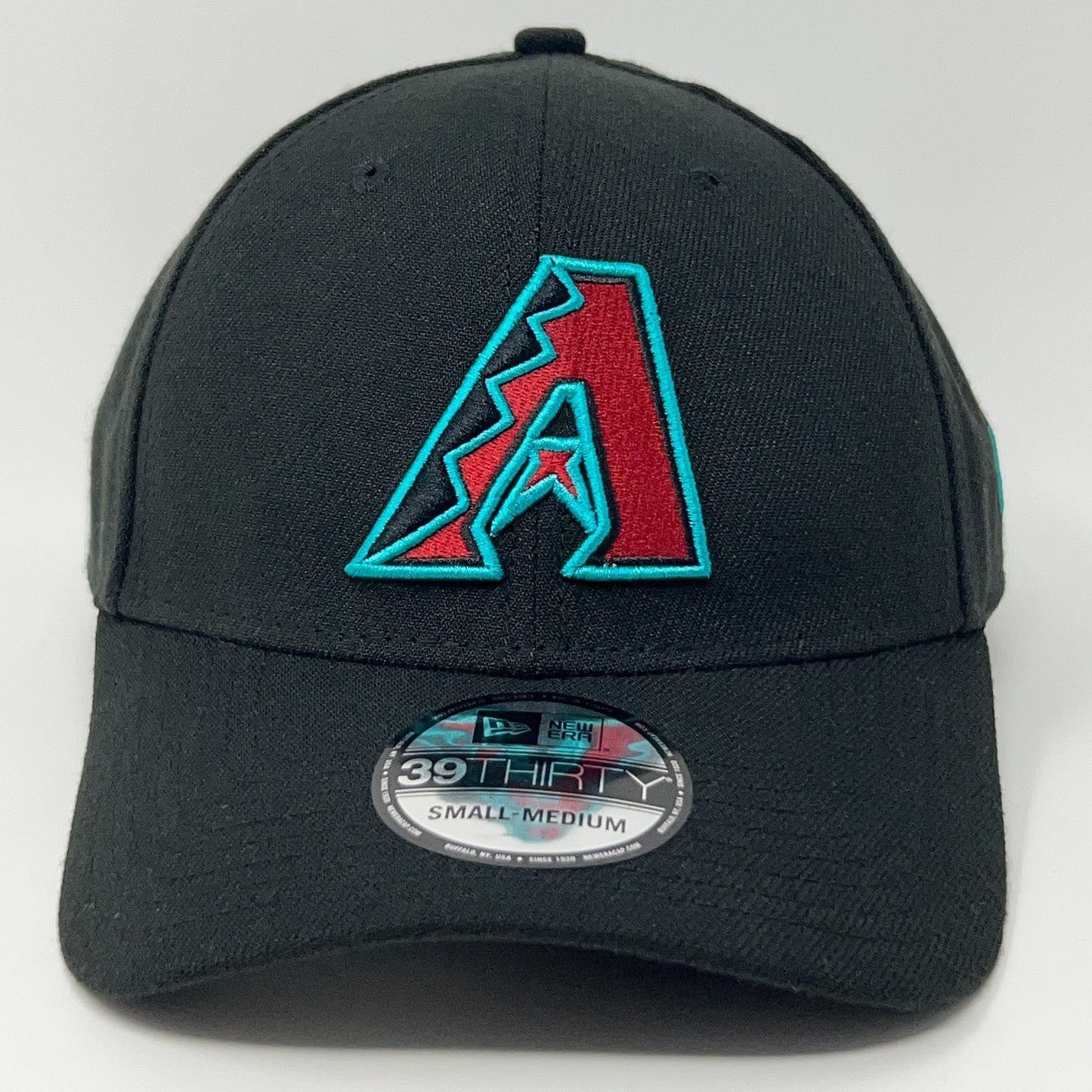 Front view of New Era Arizona Diamondbacks black cap with red and teal A logo, size small-medium