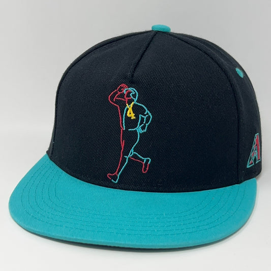 Arizona Diamondbacks fitted cap with black upper and teal brim, featuring logo on the side and unique embroidered design
