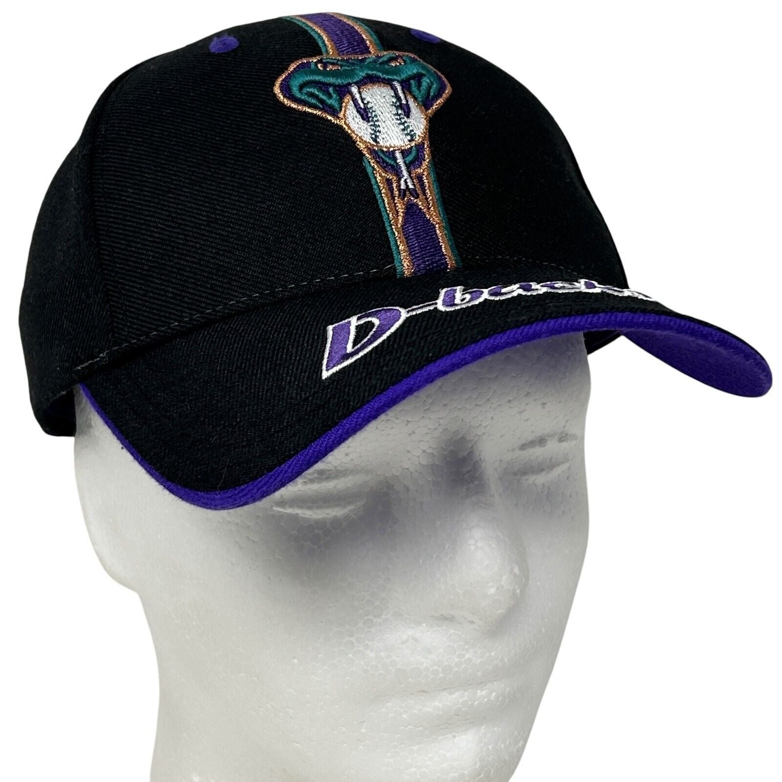 Black Arizona Diamondbacks hat with embroidered logo featuring a snake and D-backs text on the front