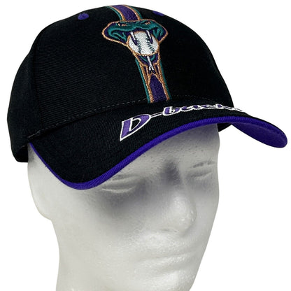 Black Arizona Diamondbacks hat with embroidered logo featuring a snake and D-backs text on the front