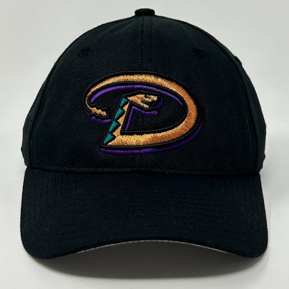 Front view of Arizona Diamondbacks Hat in black with embroidered logo featuring a snake design